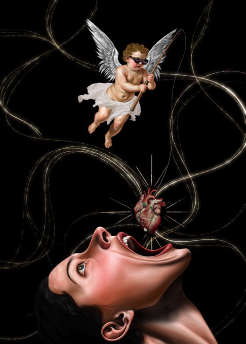 A surreal digital illustration shows a cherub with sunglasses and a spear flying above a person with their mouth open, as the cherub drops an anatomical heart down toward them on golden light trails.