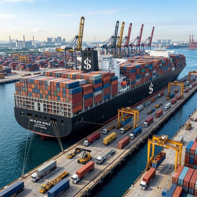 An AI-generated image of a bustling port featuring a large black container ship labeled 'MS BLACK WHALE' with a dollar sign emblem, surrounded by cranes, trucks, and shipping containers.