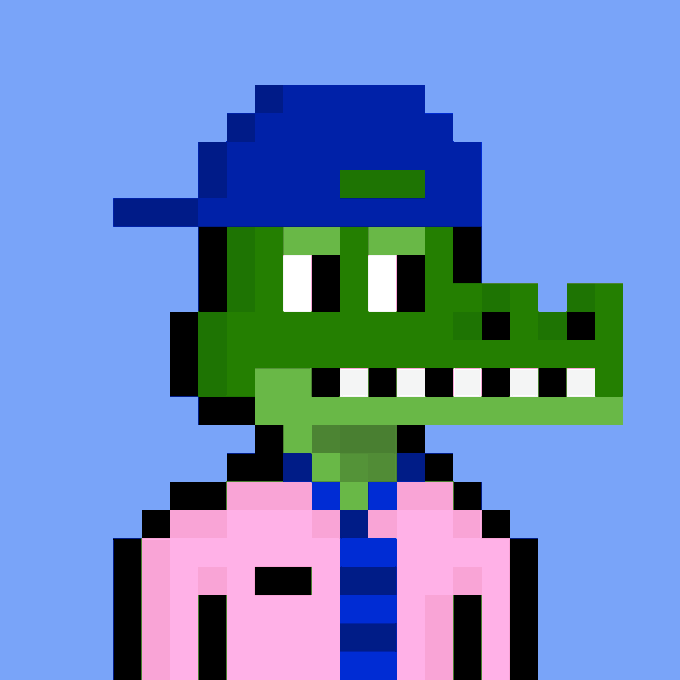 A pixel art portrait of a green anthropomorphic alligator wearing a blue cap, a blue tie, and a pink button-up shirt against a solid blue background.