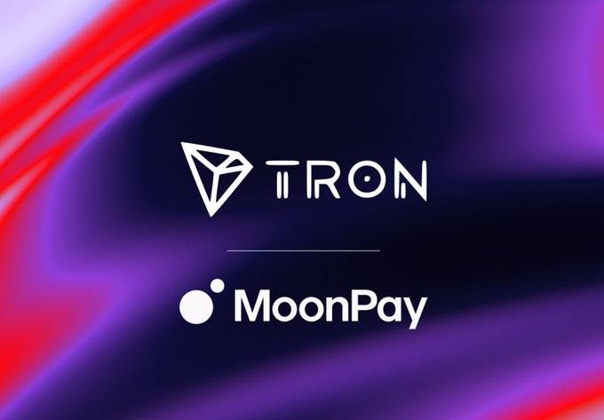 The image displays the TRON and MoonPay logos side-by-side against a swirling purple, blue, and red background, visually representing the partnership between the two platforms. The graphic serves as a header for content announcing MoonPay's new integration with TRON that enables gasless transactions, eliminating the need for users to hold $TRX for network fees.
