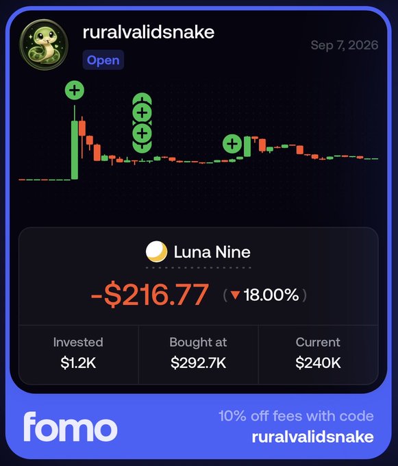 A trading app screenshot for 'fomo' showing a 'ruralvalidsnake' account with a loss of -$216.77 (▼18.00%) on 'Luna Nine' with invested $1.2K, bought at $292.7K, current $240K, and promo code 'ruralvalidsnake'.