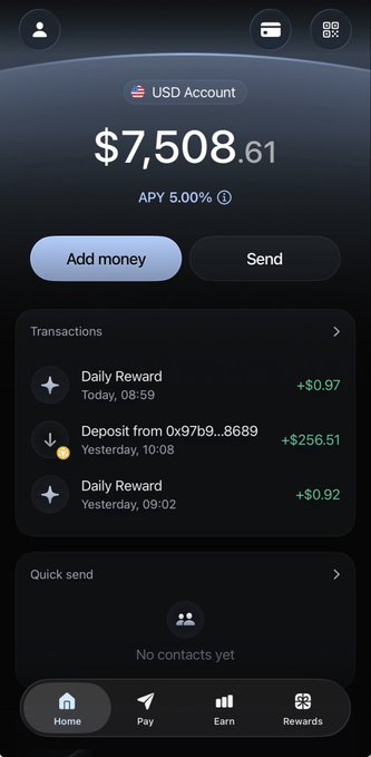 A mobile banking app interface displays a USD Account with a balance of $7,508.61 and an APY of 5.00%, featuring recent transactions including a "Daily Reward" of +$0.97 and a "Deposit from 0x97b9...8689" of +$256.51. The screen showcases EthenaPay's key selling points highlighted in the post: the automatic 5% APY earnings shown under the balance, with daily rewards accumulating passively compared to ether_fi's manual staking process.