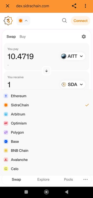 A screenshot of the SidraChain DEX (dex.sidrachain.com) interface displays a token swap on the Sidra Chain network, exchanging 10.4719 AITT for 1 SDA. This aligns with the celebratory post highlighting SidraChain and its SDA token as part of the growing crypto and Web3 ecosystem.