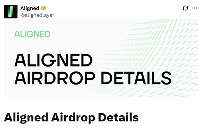 A promotional image for 'Aligned Airdrop Details' from the verified Twitter account @alignedlayer, featuring a green logo design.