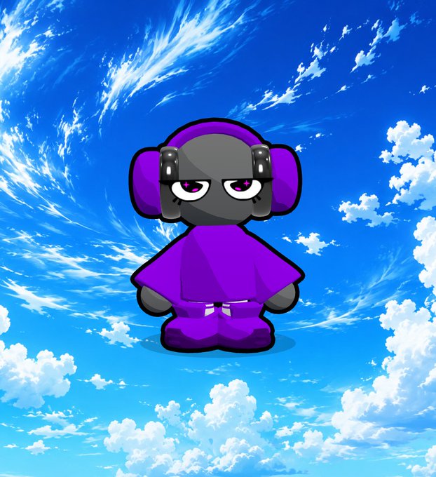 A cartoon character with a purple ninja-like outfit, gray face, and large purple headphones stands against a blue sky with white clouds.