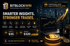 A promotional banner for "BITBLOCKWIN PROFESSIONAL CRYPTO TRADE" announces their fundraising event ending October 25, 2026, featuring tiered membership plans ($35–$320) with benefits like VIP signals and smart trading, set against a cityscape with rising gold candlestick charts—mirroring the post's optimism about XRP's institutional momentum ahead of the CLARITY Act.