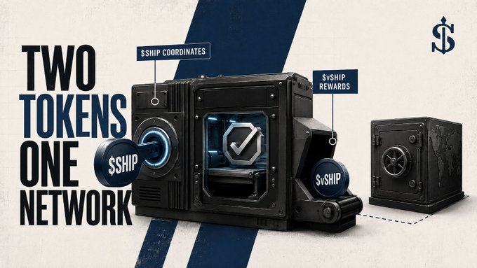 A promotional banner for '$SHIP' cryptocurrency displaying 'TWO TOKENS ONE NETWORK' alongside industrial safes representing '$SHIP COORDINATES' and 'SvSHIP REWARDS'.