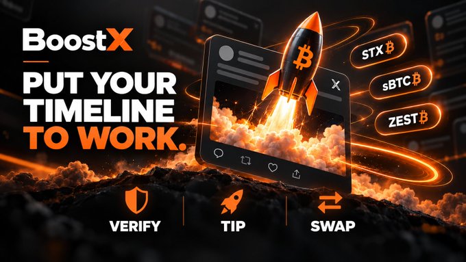A promotional graphic for 'BoostX' reading 'PUT YOUR TIMELINE TO WORK,' featuring a rocket with a Bitcoin symbol launching from a social media card, alongside options for 'STX', 'sBTC', and 'ZEST', with icons for Verify, Tip, and Swap.