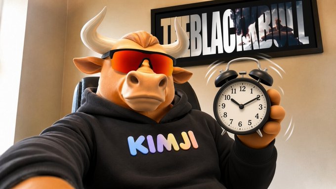 A 3D-rendered anthropomorphic bull wearing sunglasses and a 'KIMJI' hoodie holds a ringing alarm clock, with a 'THE BLACKBULL' poster on the wall behind it.