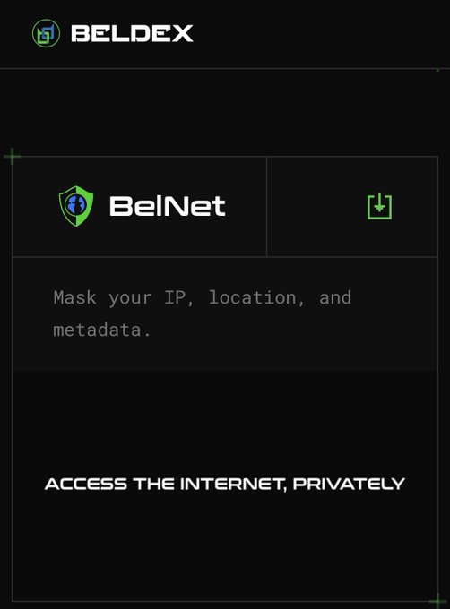 A Beldex app interface promoting 'BelNet' VPN service with the tagline 'Mask your IP, location, and metadata' and 'ACCESS THE INTERNET, PRIVATELY'.