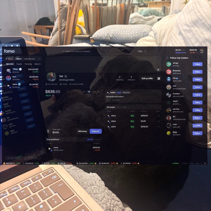 A laptop screen displays the Fomo trading platform showing a portfolio balance of $635.99 for user 'Tati', alongside a phone displaying watchlists including tickers like TRX, Dent, HOT, and BTC.