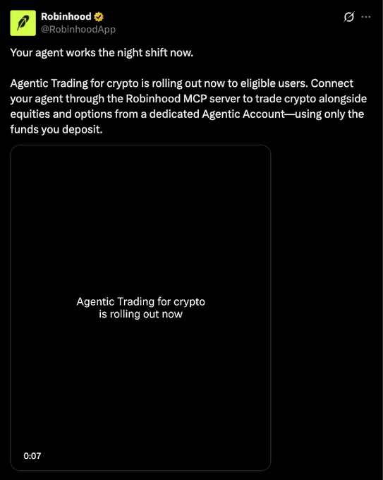 A Robinhood social media post announces 'Agentic Trading for crypto is rolling out now' with a short video clip included.