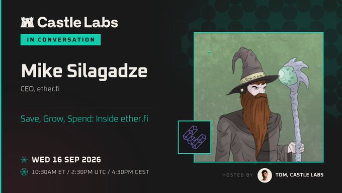 A promotional graphic for "Castle Labs In Conversation" featuring Mike Silagadze, CEO of ether.fi, scheduled for Wed 16 Sep 2026, with a wizard character illustration and the topic "Save, Grow, Spend: Inside ether.fi".