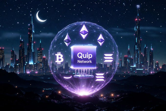 The image features a futuristic cityscape at night, with buildings illuminated by bright lights against a dark sky. The city appears to be made of glass or crystal-like material, giving it an ethereal glow. In the center of this glowing city is a large purple bubble, which contains various symbols and icons related to Bitcoin and cryptocurrency technology. These symbols include a Bitcoin symbol, a Q-tip logo, and other elements that represent the digital currency industry. The image also includes text that reads "𝐏𝐢𝐜𝐭𝐮𝐫𝐞 𝐭𝐡𝐞 𝐛𝐥𝐨𝐜𝐤𝐜𝐡𝐚𝐢𝐧 𝐢𝐧𝐝𝐮𝐬𝐭 𝐭𝐢𝐦𝐞. Quantum computers are advancing, and with them comes the real risk of Q-Day breaking traditional encryption".
