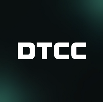 The image features a black background with white text that reads "DTCC". The text is capitalized, which makes it stand out against the dark backdrop. In the bottom right corner of the image, there's a small logo for the Depository Trust Company (DTCC). The main focus of the image is on the word "DTCC" and its connection to the Depository Trust Company.