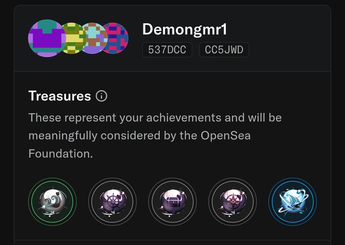 An OpenSea profile page for user 'Demongmr1' showing the user has earned multiple Treasure NFT badges, described as 'achievements' considered by the OpenSea Foundation.
