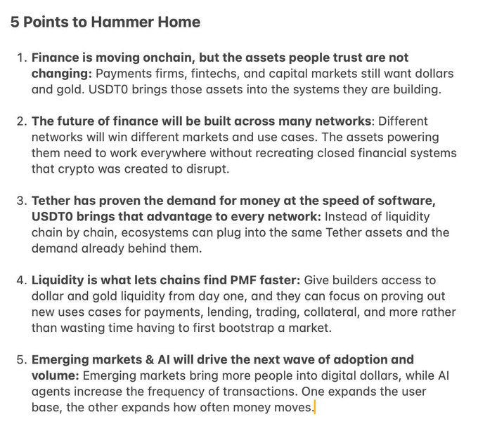 A text article titled '5 Points to Hammer Home' discussing USDT0, Tether's expansion across networks, onchain finance, and emerging market adoption.
