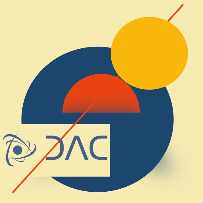 An abstract graphic design featuring a large dark blue circle, a yellow circle, a red semicircle, and the text 'DAC' on a cream background.