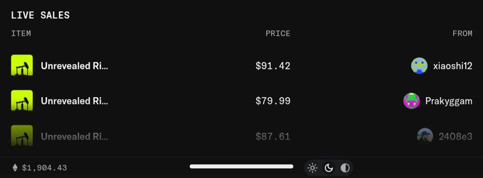 A live sales feed for "The Saudis NFT" shows three recent transactions, with unrevealed items selling for $91.42 from xiaoshit2, $79.99 from Prykyggam, and $87.61 from 2408e3, totaling $1,904.43. The image supports the post by highlighting active buying and selling activity of the collection, illustrating the concurrent minting and reselling that the poster is referencing.