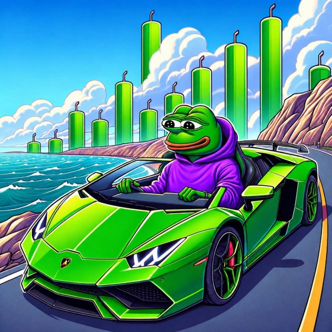 A cartoon Pepe the Frog in a purple hoodie drives a green Lamborghini convertible along a coastal road lined with giant green candles—representing bullish price action—in a parody of meme culture wealth fantasies tied to Bitcoin's potential surge to $150k. The "all green" scene visually echoes the post's speculative optimism about crypto-driven luxury purchases.