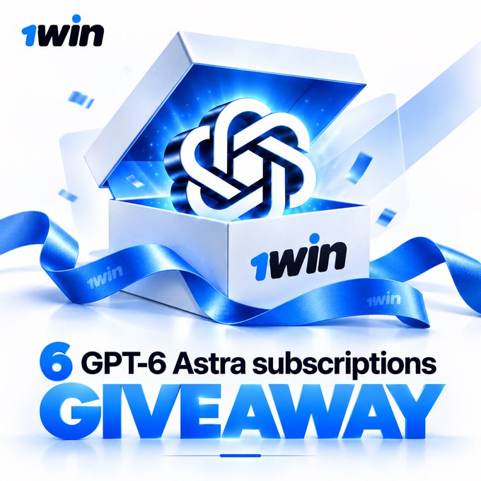 A promotional giveaway image featuring the 1win logo and an open gift box with ribbons, advertising "6 GPT-6 Astra subscriptions GIVEAWAY" — visually aligning with the post announcing 1win's contest to win GPT-6 Astra subscriptions via engagement actions.