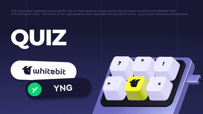 A promotional graphic for a WhiteBit Quiz featuring the YNG token by Young Platform, displaying a stylized keyboard with the WhiteBit logo on a yellow key alongside symbols like "?", arrows, and "!". The image includes a disclaimer noting the crypto asset marketing communication has not been reviewed or approved by any EU authority, and directs participants to answer 10 questions for a chance to win 300 $YNG.