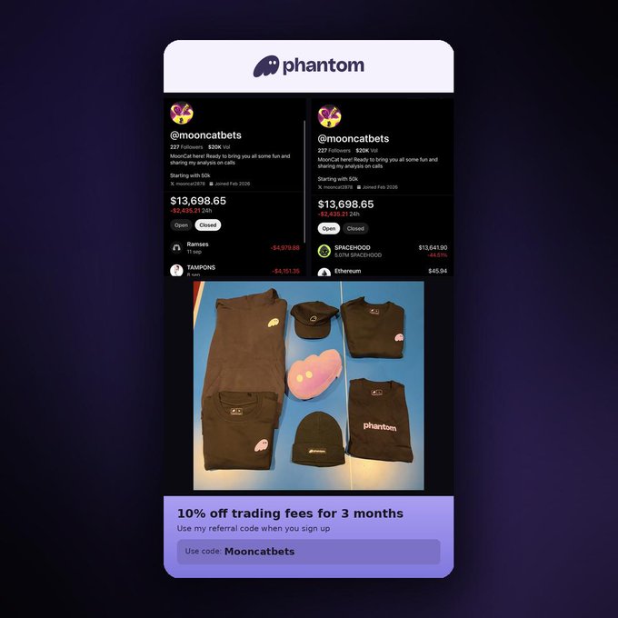A Phantom cryptocurrency wallet referral code advertisement showing two @mooncatsbets profiles, clothing items, and a 10% off trading fees offer with code Mooncatsbets.