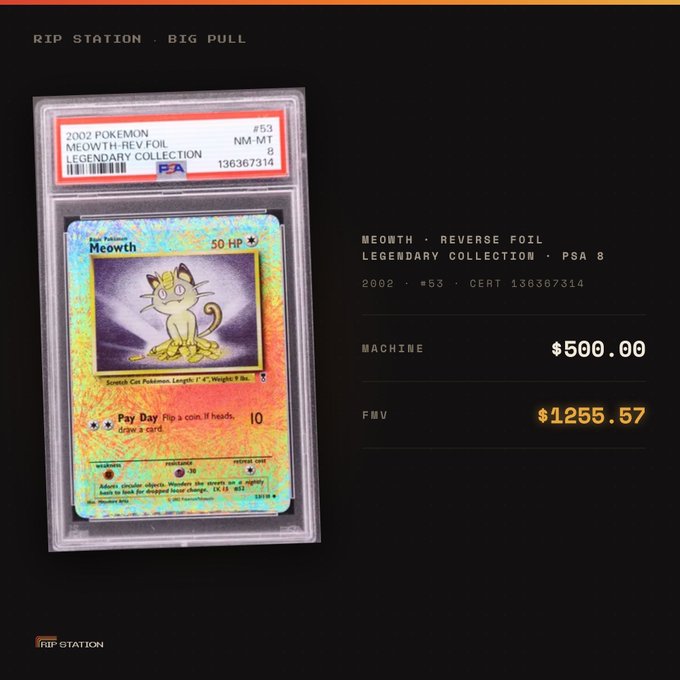 A 2002 Pokémon Meowth Reverse Foil trading card from the Legendary Collection, graded PSA 8, shown in a PSA slab with market price comparisons of $500.00 and FMV of $1255.57 from RIP STATION.