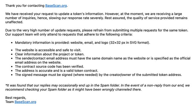 The image shows an email from a person named @base (basescan.org), which appears to be a response to a request for information or verification. The email contains a message that reads, "Thank you for contacting us at base(basescan.org). We have received your request and are happy to provide the requested information." The image also includes a caption that says, "Applied for verification on @base ( basescan.org) just yesterday btw! Should bring $kPEG a tad more credibility once the request is inevitably approved."