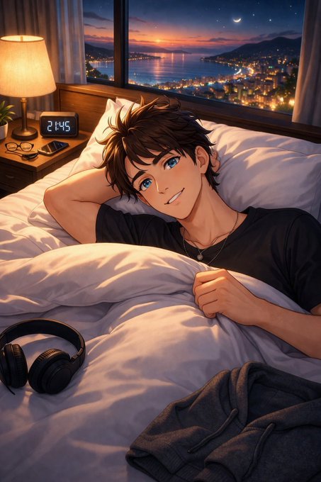 Anime-style artwork of a brown-haired boy with blue eyes lying in bed smiling, with headphones and a digital clock showing '21:45', and a city skyline visible through the window.