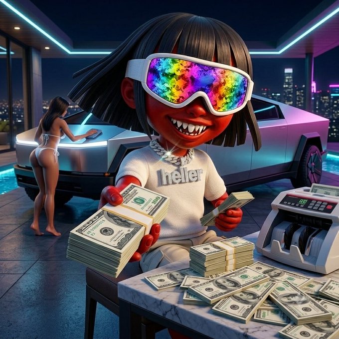 A cartoon character wearing "heller" apparel and rainbow goggles holds stacks of US dollars, seemingly in celebration of a $20 giveaway promoting $SOL.