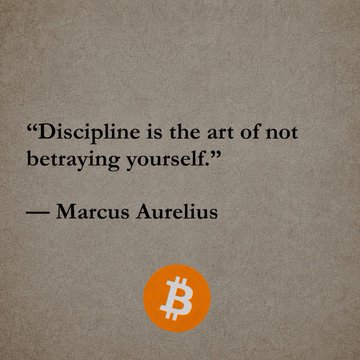 The image features a quote on a textured beige background that reads, "Discipline is the art of not betraying yourself." — Marcus Aurelius, accompanied by an orange Bitcoin (₿) logo at the bottom. This ties to the poster's message about pushing through a tough day with multiple jobs, using Aurelius's wisdom on discipline to frame their busy grind alongside their Bitcoin posting.