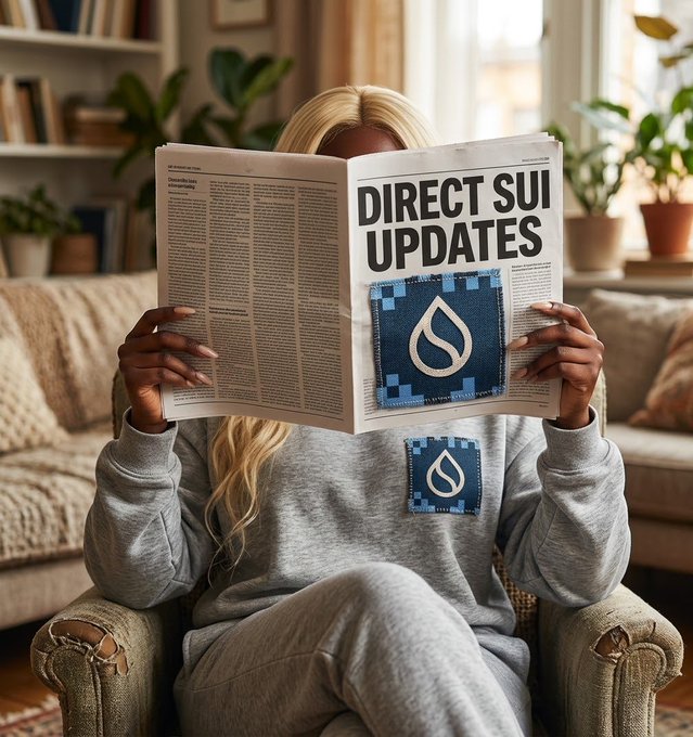 A person relaxes in a cozy living room, casually holding up a newspaper featuring the bold headline "DIRECT SUI UPDATES" alongside the blue Sui network logo, visually tying into the post's announcement of Sui Network community AMA updates and discussions on AI security.