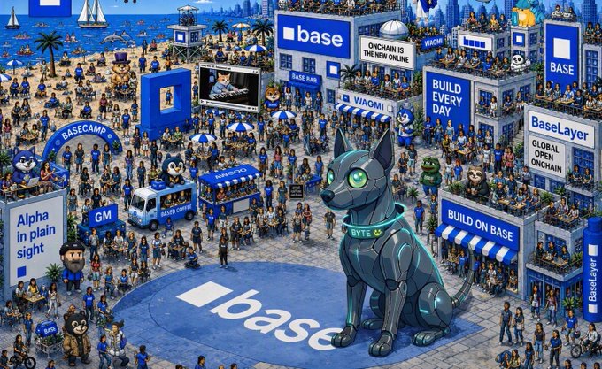 An illustrated promotional image for Base featuring a robotic dog with 'BYTE' on its collar, surrounded by crowds at a vibrant festival/event with signs reading 'BaseCamp', 'Build Every Day', 'Onchain is the new online', and 'Alpha in plain sight'.