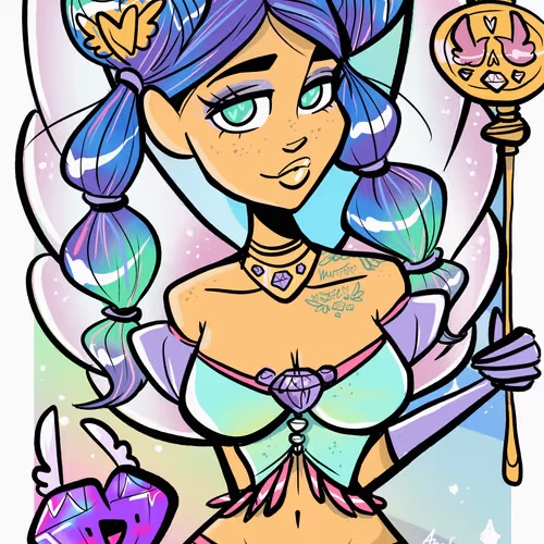 A cartoon-style drawing of a girl with blue and purple braided hair holding a magical staff with a heart emblem, set against a sparkly pastel background.