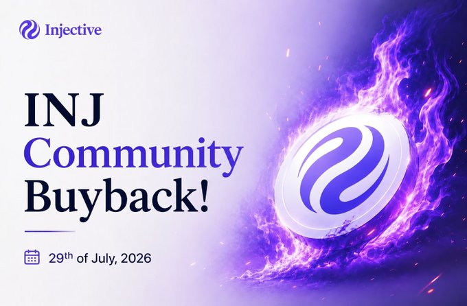 A promotional graphic for 'Injective' announcing an 'INJ Community Buyback!' scheduled for 29th of July, 2026, featuring a glowing INJ token emblem surrounded by purple flames.