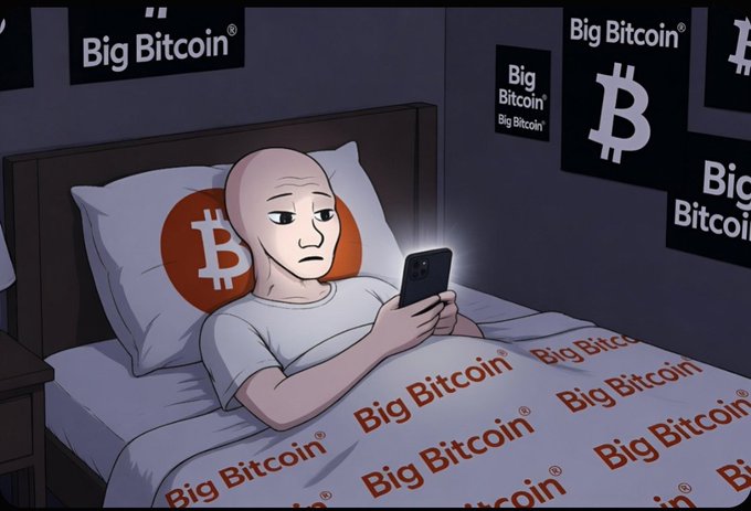 An illustration of a bald person lying in bed looking at a phone, surrounded by 'Big Bitcoin®' logos on the pillow, bedding, and walls.