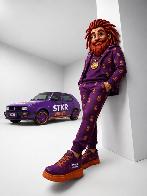 A 3D-rendered character with red dreadlocks and a beard wears a purple tracksuit and sneakers covered in dollar signs, leaning against a wall next to a purple car with 'STKR NEWS' written on it.