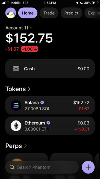 A screenshot of the Phantom crypto wallet app showing Account 11 with a balance of $152.75 (down 1.08%), including holdings of 2.000089 SOL (Solana, $152.72) and 0.00001 ETH (Ethereum, $0.03).