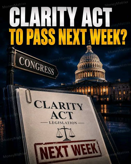 A MoneyMatrix promotional graphic asking 'CLARITY ACT TO PASS NEXT WEEK?' featuring the U.S. Capitol building and legislation imagery.