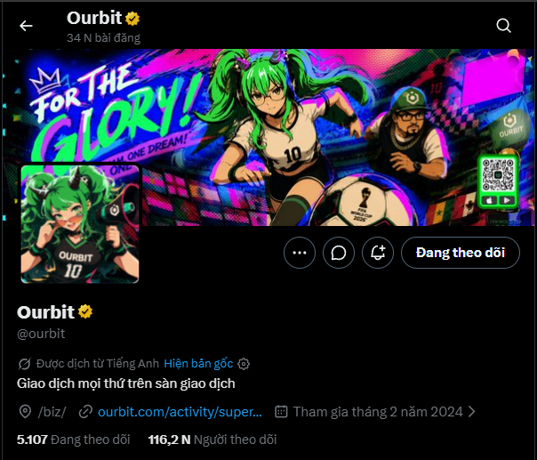 Twitter/X profile page for 'Ourbit @ourbit' with anime-style banner 'FOR THE GLORY!', showing 5,107 followers, 116.2K total views, and a 9-year anniversary milestone.