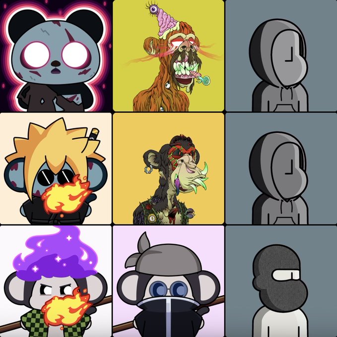 A 3x3 grid featuring cartoon panda-like characters, grotesque detailed art pieces, and simple grey figures.