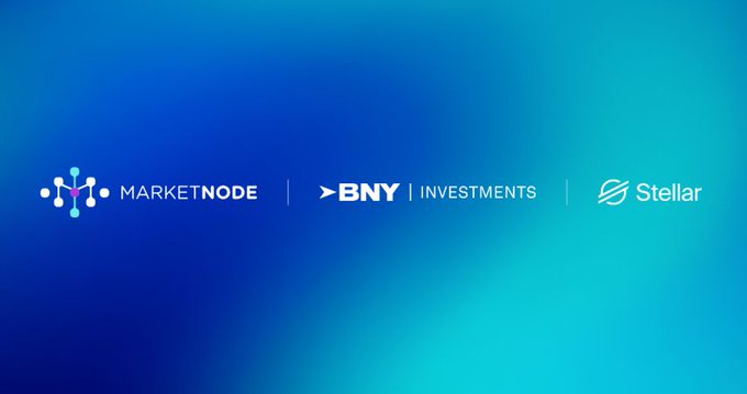 A blue gradient background displaying logos for MarketNode, BNY Investments, and Stellar in a horizontal partnership banner.