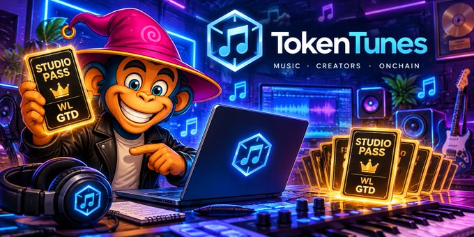 A colorful digital advertisement for "TokenTunes" featuring a cartoon monkey character wearing a wizard hat and holding a "STUDIO PASS WLGTD" card next to a laptop and DJ equipment.