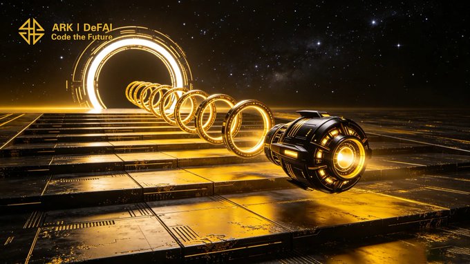 A futuristic 3D-rendered scene shows a glowing golden sphere linked to a series of interconnected golden rings extending into a bright portal, with the "ARK | DeFAI - Code the Future" logo in the upper left corner against a starry cosmic backdrop.

The image visually echoes the post's message about incremental progress—each golden ring represents one of the "smarter steps" that Arkie AI App helps ARK users take, linking ideas to structure to execution in Web3 through AI Agents.