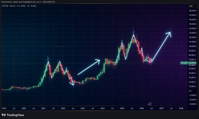 A TradingView weekly BTC/USD chart on Kraken (dated June 11, 2024) shows Bitcoin's long-term price history with cyan arrows highlighting major bullish trends, reinforcing the post's claim that BTC is loading for a significant pump toward $80,000-$100,000.
