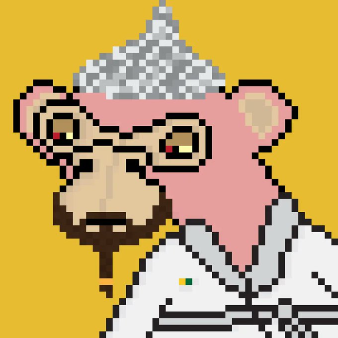 Pixel art of a pink-skinned character with a gray beard wearing a pointy hat and glasses on a yellow background.