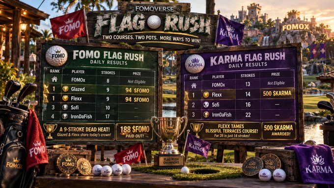 A promotional graphic for 'FOMOVERSE FLAG RUSH' displaying daily results for both FOMO Flag Rush and KARMA Flag Rush competitions, showing player rankings, strokes, and prize amounts like '94 $FOMO' and '500 $KARMA'.