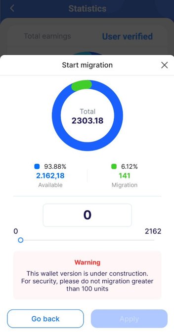 A mobile app screen titled "Start migration" displays a wallet balance of 2,303.18 total units, with 93.88% (2,162.18) available and 6.12% (141) marked for migration, alongside a warning advising against migrating more than 100 units. The image previews an upcoming "Rubi Wallet" feature that appears to allow users to migrate funds, with an "Apply" button (currently disabled) and "Go back" option.