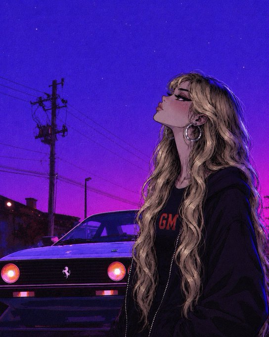 A digital illustration of a young blonde woman wearing a black 'GM' hoodie and large hoop earrings, gazing upward into a starry purple sky beside a vintage Ferrari with illuminated headlights.